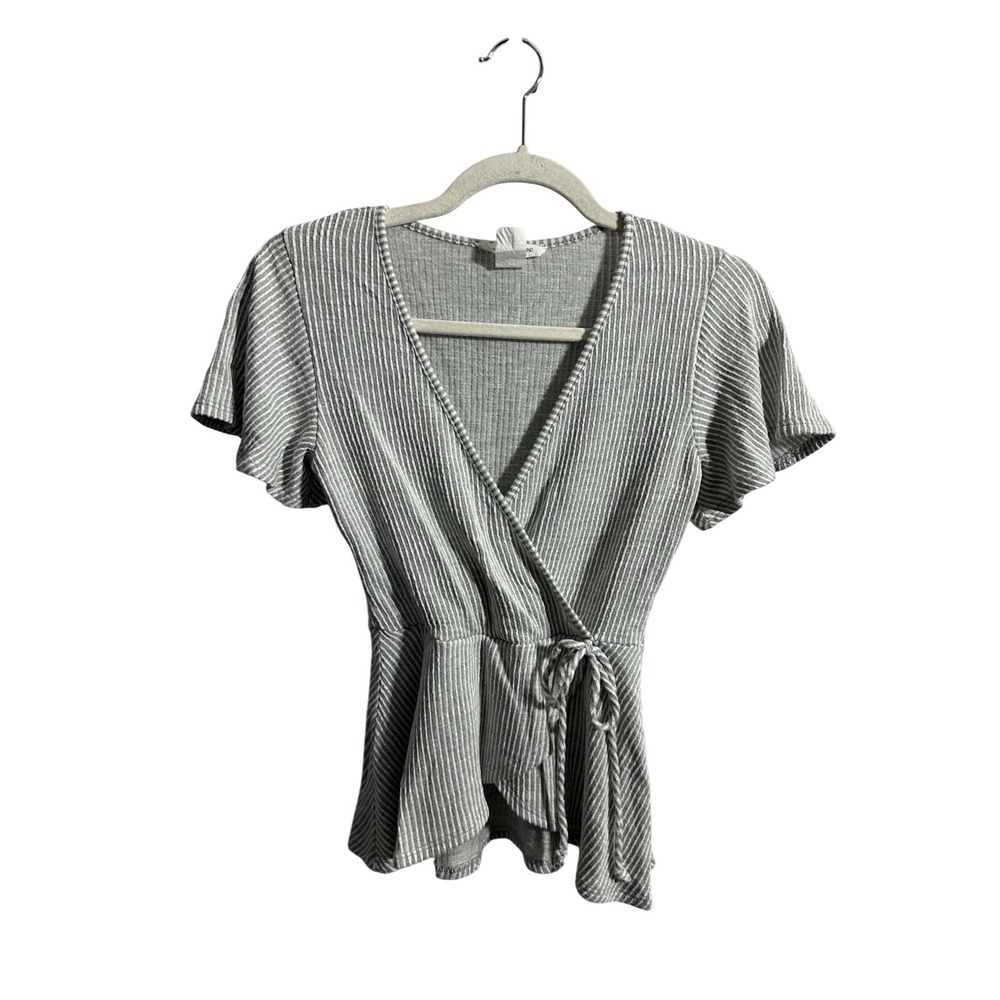 Caution To The Wind Women's S Gray White Striped Faux Wrap Peplum Top | SKU 0910